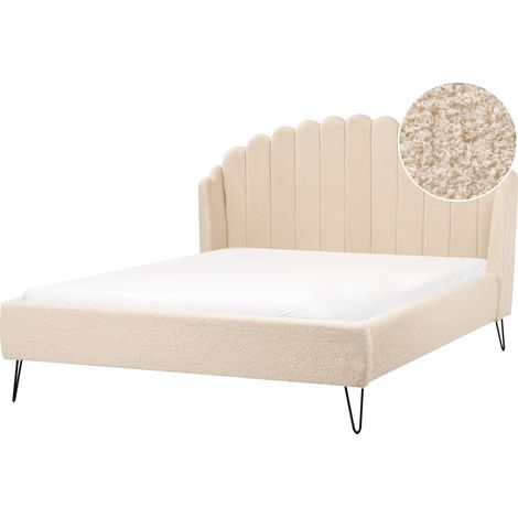 Cama con somier de bouclé patas de metal 160 x 200 cm cabecero beige Ambillou