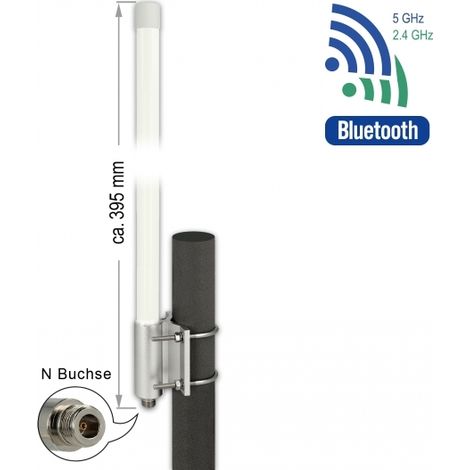 Delock WLAN Banda Dual 802.11 ac/ax/a/b/g/n Antena hembra N 6,2 - 8,0 dBi 39.5 cm omnidireccional con soporte fijo de pared y montaje en poste para ex