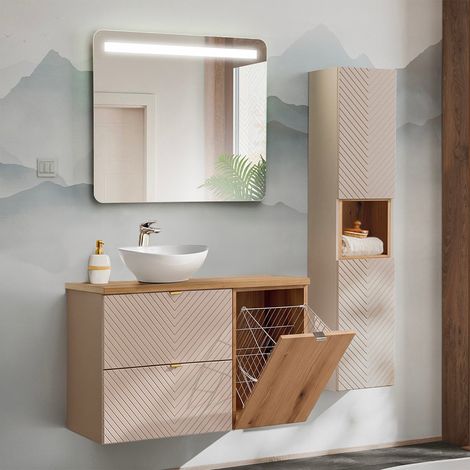 Waschtisch-Set mit Einzelwaschbecken (100 cm), 2 Schubladen, Wäschekorb und Hochschrank „Manoa“ in Kaschmir und Holz (1/5)