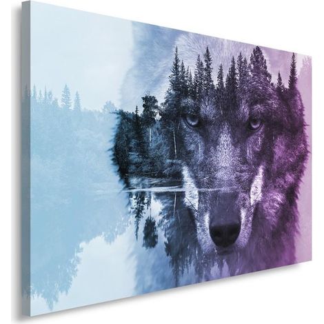 Stampa su tela, Lupo su uno sfondo di foresta - viola moderno - 90x60 (1/4)