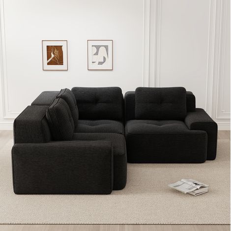 Sofá modular de esquina de pana negra, asiento profundo, sin montaje y base antideslizante (1/5)