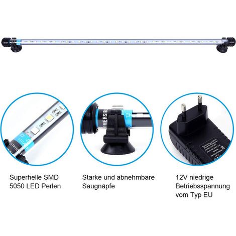 Éclairage LED pour Aquarium Lampe Submersible Étanche Tube Lumineux Bleu pour Poissons Tropicaux et Décors de Bassin avec Ventouses