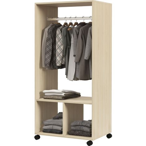 Armoire avec étagères, 2 niches de penderie, 4 roulettes pivotantes, dimensions 60 x 40 x 128 cm (L x l x H), bois naturel