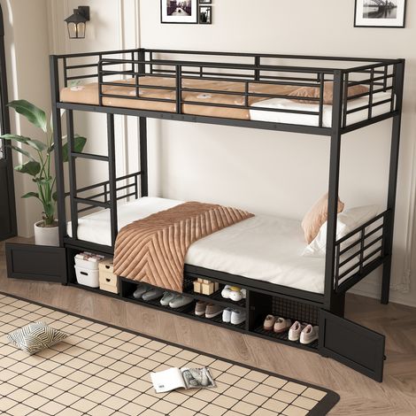 Litera de 90 x 200 cm de hierro con escalera lateral y barandilla anticaídas, mueble zapatero abierto, negro (1/5)