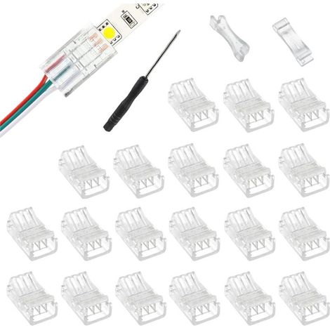 Lot de 20 connecteurs LED 3 broches 10 mm avec tournevis connecteurs pour rubans LED sans soudure pour rubans LED SMD 5050 3528 5 V 12 V 24 V 72 IP65 (1/4)