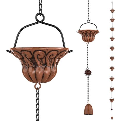 Chaîne de Pluie, chaînes de Pluie en métal de Longueur 2.3 m, Tuyau de Descente de Rechange pour gouttières, Fonctionnelle et décorative chaînes de Pluie suspendues (Vintage Copper) (1/5)