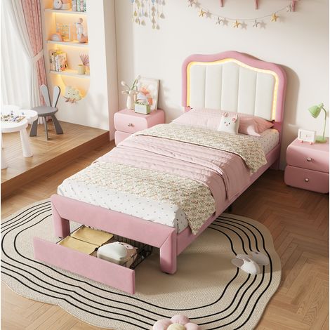 Cama tapizada 90/200 cm rosa con cajón, respaldo blanco y LED mediante aplicación (1/5)