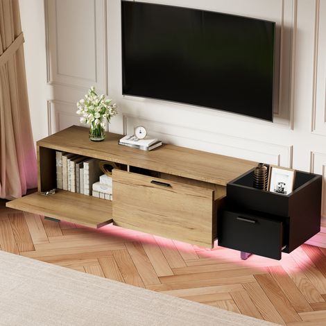 Meuble TV moderne bois noir et naturel, grands tiroirs, rangements ouverts et fermés pour salon multimédia 180x38x49cm (1/5)