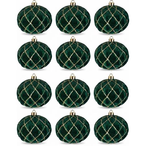 12 Palle per Albero di Natale granfi 8cm Velluto VERDE SCURO ANTICO con Decorazioni oro Palline sfera natalizia addobbi verdi ghirlande Eleganti e particolari arredo casa e locali commerciali (1/5)