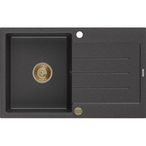 Mexen Bruno évier en granit à 1 cuve avec égouttoir 795 x 495 mm, Noir moucheté, siphon Or - 6513791010-76-G (1/5)