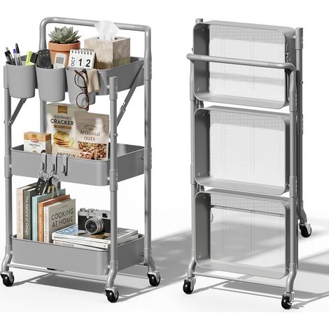 Desserte à Niveaux roulettes Pliante Petit Multifonction Chariot De Rangement pour Cuisine/Buanderie/Salle De Bain/Esthetique (Gris) (1/5)