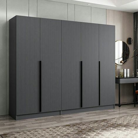 Armoire penderie grise 5 portes rainurées 3 portants BYRON