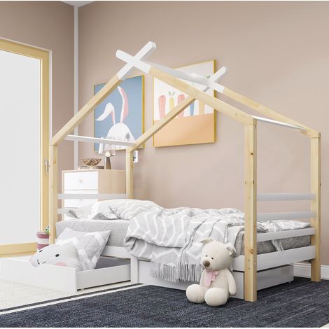 Lit enfant 90/200 cm blanc en bois massif avec tiroirs et structure de maison (1/5)