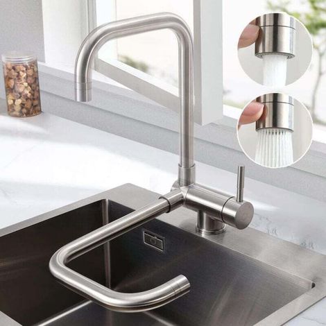 Robinet Cuisine, Mitigeur Cuisine Rabattable avec 2 Jets Modes, Robinet de Cuisine Sous Fenêtre avec Poignée Pliable, Rotatif à 360° Mitigeur Evier Cuisine en Acier Inoxydable 304 Brossé