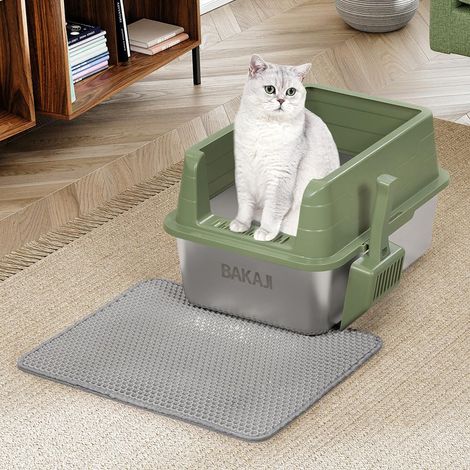 Litière pour Chat XL Ouverte avec Base en Acier avec Sac Anti-Sable, Pelle pour Collecte, Tapis Anti-saleté, Base antidérapante, capacité 25 litres, Couleur Verte, 50 x 35 x 30 cm (1/5)