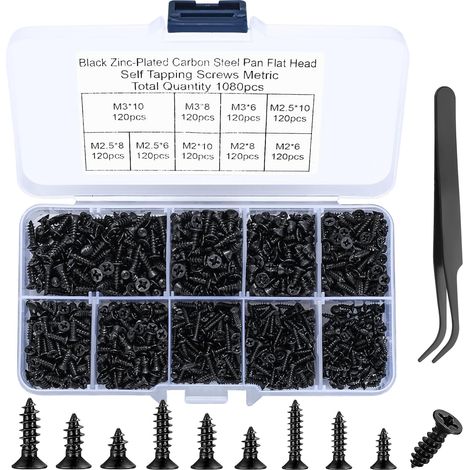 1080 Pièces - Vis à Bois - Vis Autotaraudeuses - Tête Plate Cruciforme Acier Carbone Noir pour Meubles et Électronique M2 M2.5 M3 6mm 8mm 10mm
