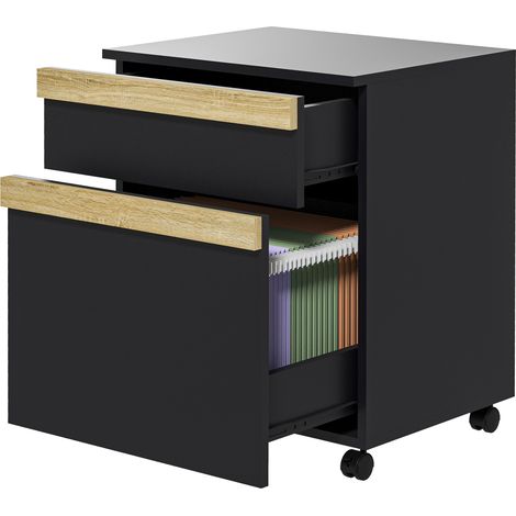 Caisson bureau à roulettes 2 tiroirs coulissants trieur dossiers noir 48x40x59,5 cm