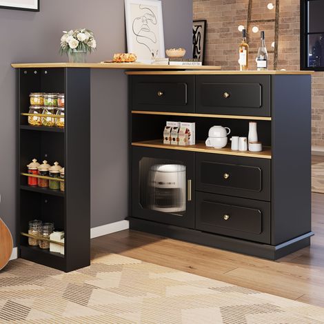 Aparador negro, mesa de bar giratoria 360°, 4 cajones y 1 puerta, MDF, 125-181×39×104,5cm (1/5)