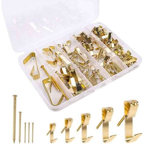 120-teiliges Bilderrahmen-Haken-Set aus Edelstahl mit Nägeln zum Aufhängen von Bilderrahmen, Spiegeln und Kunstwerken (5 Größen, Gold) (1/5)