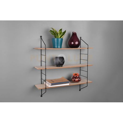 ELLA MENSOLA A MURO PORTA OGGETTI METALLO NERO CON 3 RIPIANI IN LEGNO NATURALE L.62CM H.60CM