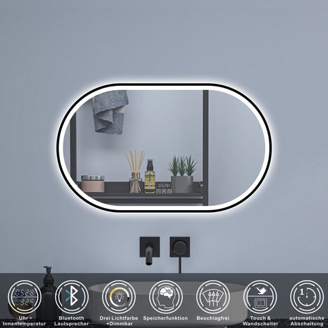 LED Badspiegel Badezimmerspiegel Wandspiegel, Beschlagfrei, Drei Farben Dimmbar, Bluetooth, Uhr 60x100cm