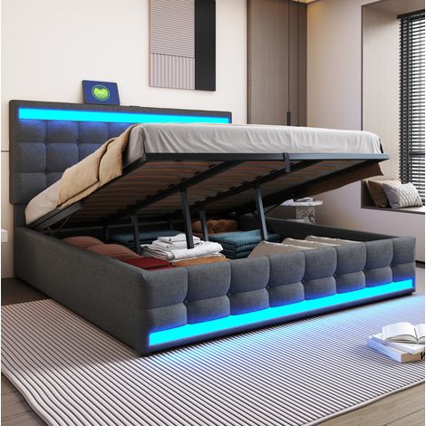 CHICFURN Cama con arcón 180x200 cm de tela gris con LED RGB, USB y almacenaje, sin colchón (1/5)