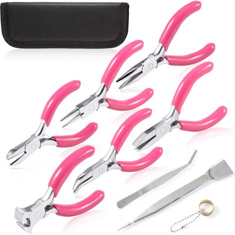Lot de 10 pinces à bijoux 7,6 cm avec pince coupante, bec rond, long, plat, épiler pochette rangement et pelle pour loisirs créatifs, Rose, S (1/4)