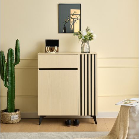 Armario zapatero (75x35x90 cm), con 2 puertas y 1 cajón, estantes regulables, patas de metal, MDF, madera (1/5)