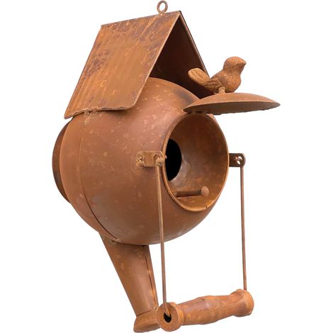 DanDiBo Vogelhaus zum Aufhängen Edelrost Deko Rost Gießkanne Wetterfest 96422 Nistkasten Futterstation für Vögel Shabby mit Kette hängend Metallkanne Kanne Balkon (1/5)