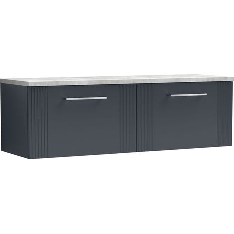 Belvide Partial Fluted 2 Drawer Wall Hung Vanity Unit with Bellato Grey Laminate Worktop - 1200mm - Satin Soft Black