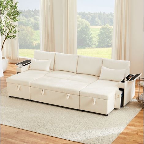 Canapé convertible en U de chenilla y pana beige 272x131x84 cm con almacenaje y portavasos (1/5)