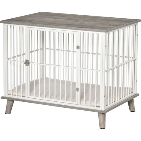 Cage de transport pour chien en bois, avec coussin, 86 cm x 60 cm x 70 cm, en composite de bois et acier, blanc et gris.