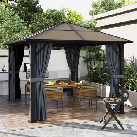 Gartenpavillon 3 x 3 m, 6 mm Polycarbonatdach, Vorhänge und Moskitonetz, dunkelgrau HAVRYA (1/4)