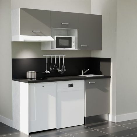 Kitchenette K55L-PT - 180 cm avec plan de travail et évier - Façade Gris - Plan Noir - Evier Inox - Crédences Oui (1/5)
