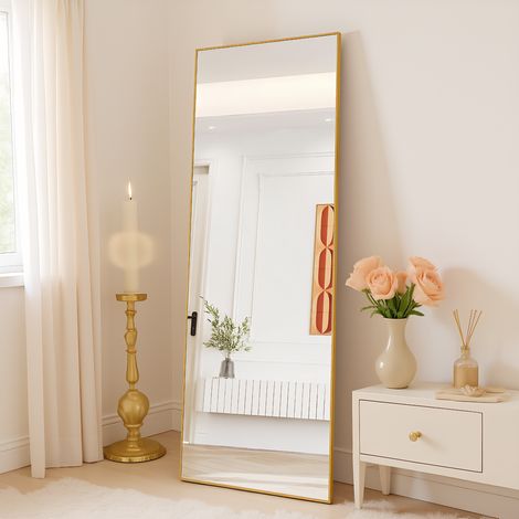 Ganzkörperspiegel Standspiegel 54 x 164 cm, quadratischer Ankleidespiegel mit Rahmen and Aluminiumlegierung, Schlafzimmerspiegel, mit robustem Glas, für Schlafzimmer und Wohnzimmer, Schwarz (1/5)