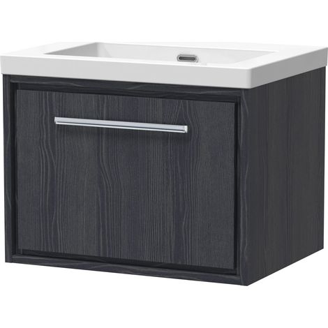 Longnor 1 Drawer Wall Hung Vanity Unit with 1 Tap Hole Modern Fireclay Basin, Woodgrain Graphite Grey, 600mm