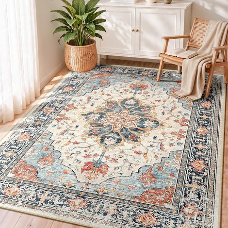 Vintage Tapis de Salon 90x150 cm Lavable Beige/Bleu/Orange Tapis Salon, Tapis Chambre, Lavable en Machine, Vintage, Boho, Rétro, Antidérapant, Cuisine, Salle à Manger, Douce, OEKO (1/5)