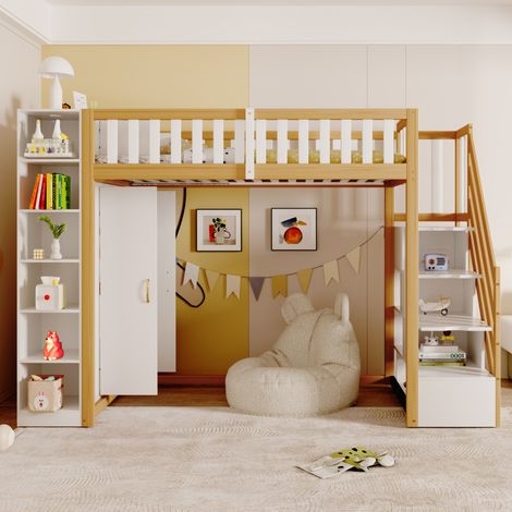 Lit mezzanine 90x200 cm avec armoire et rangements, échelle sécurisée avec tiroirs, en bois, blanc et naturel, sans matelas (1/5)