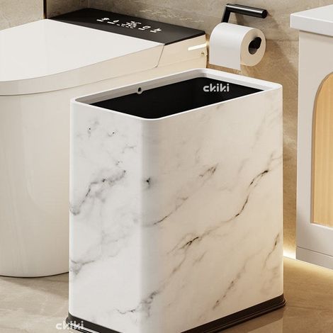 Poubelle carrée étroite sans couvercle imitation marbre blanc veiné, 10 litres plastique résistant, corbeille à papier gain de place pour interstice salon, cuisine, salle de bain et toilettes (1/4)
