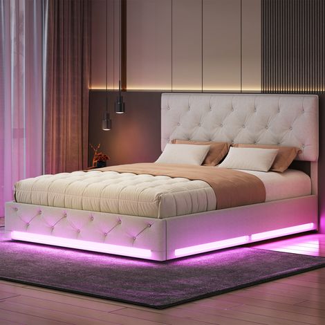Lit coffre double 140x200 cm avec éclairage LED, Lit adulte 140x200 cm avec tête de lit capitonnée réglable, Rangement hydraulique, Lin, Beige (1/5)