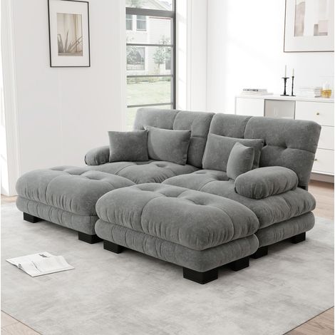 Canape salon modulable chenille gris avec ottomans OKMYHOME (1/5)