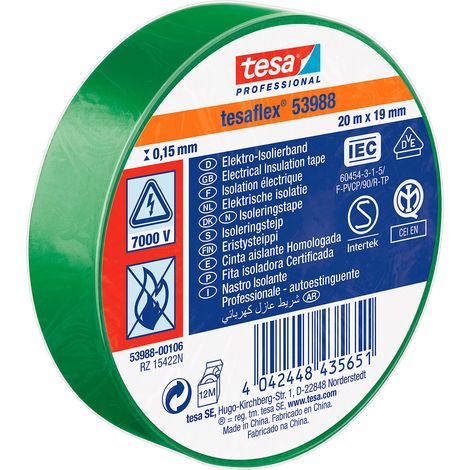 Ruban d'isolation électrique Tesa SPVC ELECTRICAL en PVC Vert 20m x 19mm x 0.15mm ( Prix pour 1 ) (1/3)