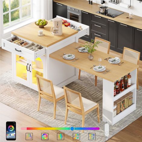 Îlot de cuisine extensible avec LED, 2 tiroirs et étagères réglables – table à manger,table de bar,placard,meuble de cuisine, buffet de rangement avec portes en verre cannelé (1/5)