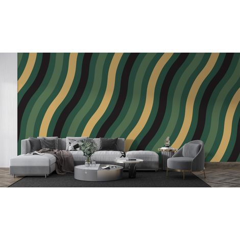 Papier peint rétro - vagues géométriques vert forêt - 150 x 250 cm (1/2)