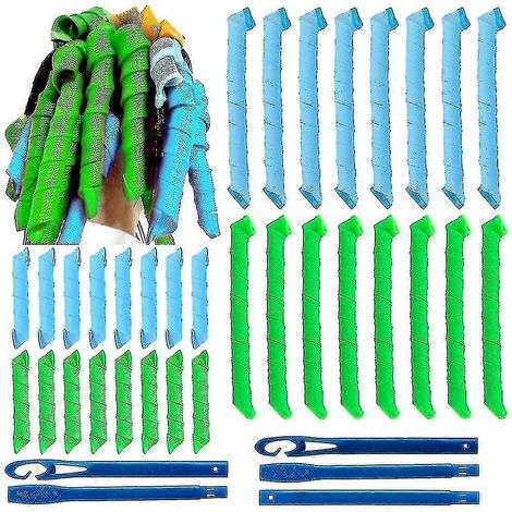 Ensemble de 32 fers à friser magiques, fers à friser résistants à la chaleur, outils de coiffure DIY et 2 crochets de coiffure pour filles et femmes, bleu et vert (1/5)