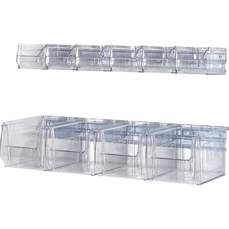 TECWERK Wandschiene H130xB602xT200mm Stahl verzinktmit Sichtlagerkästen 4 x MK4 transparent
