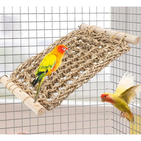 Bird Perch with Seagrass Mat, Parrot Natural Seagrass Woven Net Hammock, Parakeet Climbing Rope Ladder Chew Toys, Cage Accessories for Lovebird Conure Budgie (1/5)