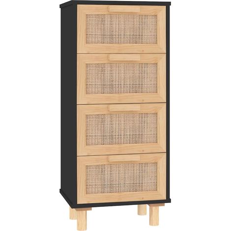 Buffet Commode Armoire Luxueux, pour Salon Chambre Entrée Cuisine, Noir 40x30x90 cm Bois de pin massif et rotin naturel OIB1364E (1/5)