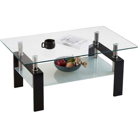ELVMI Mesa de Centro de Dos Niveles en Vidrio Templado con Estructura de Metal, para Salón y Espacios Pequeños, Transparente (1/5)