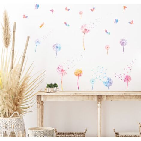 royaluxe-2 PCS Autocollant Mural Fleur Stickers Muraux Pissenlit Coloré Stickers Muraux Papillon Plante pour Salons Chambres Bureaux Canapé Fond Décoration Murale De La Maison